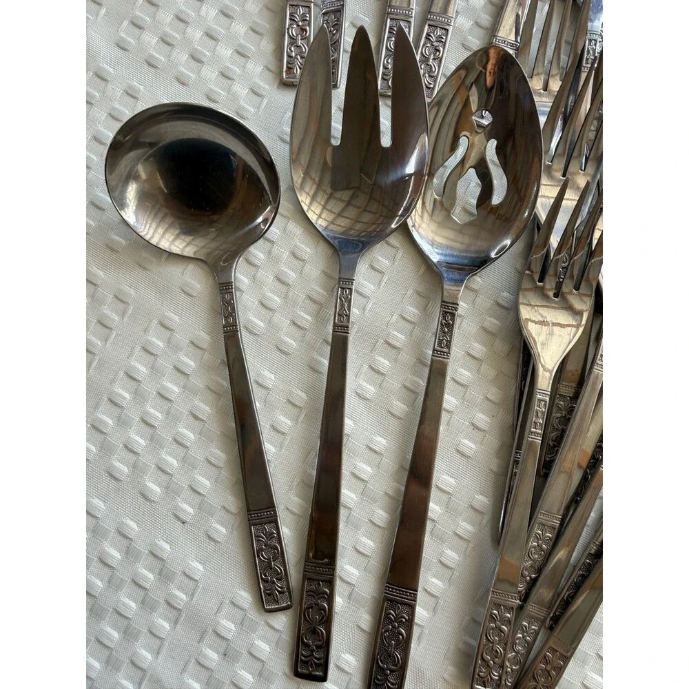 104 Pc Customcraft Taiwan Stainless Flatware Silverware Lot MCM Floral Scroll